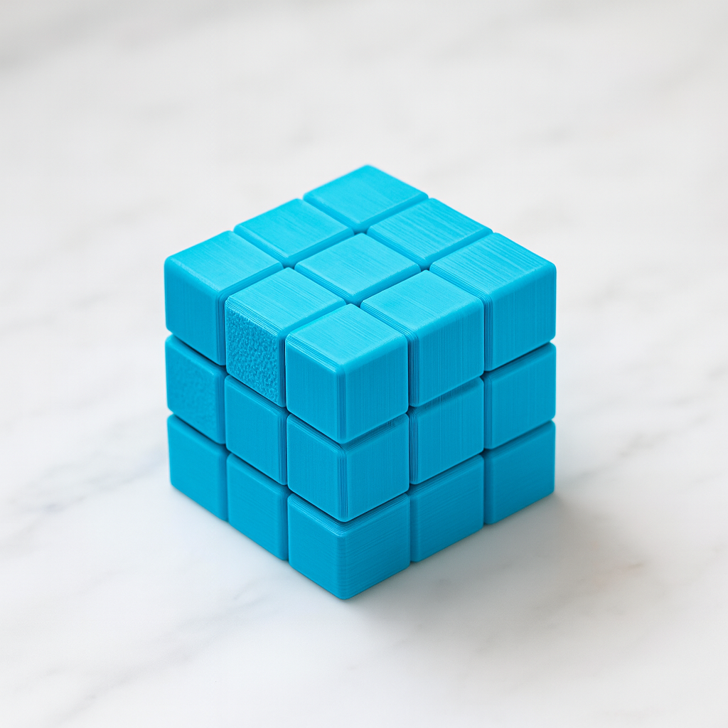 Cube Alchemy mechanical puzzle on white marble surface