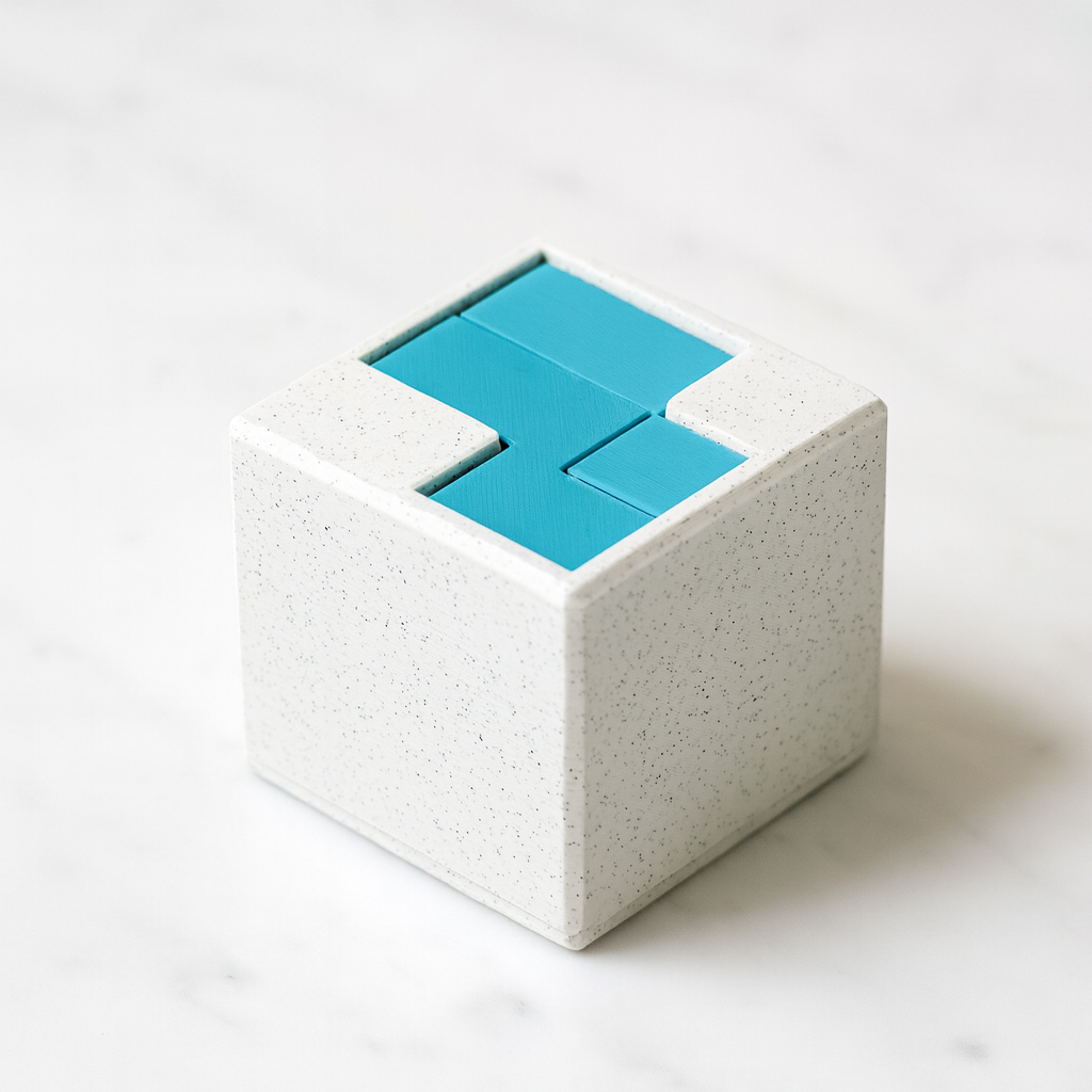 Cubiz Puzzle mechanical puzzle on white marble surface