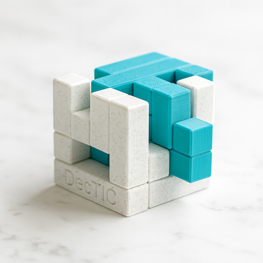 DecTIC Puzzle mechanical puzzle on white marble surface