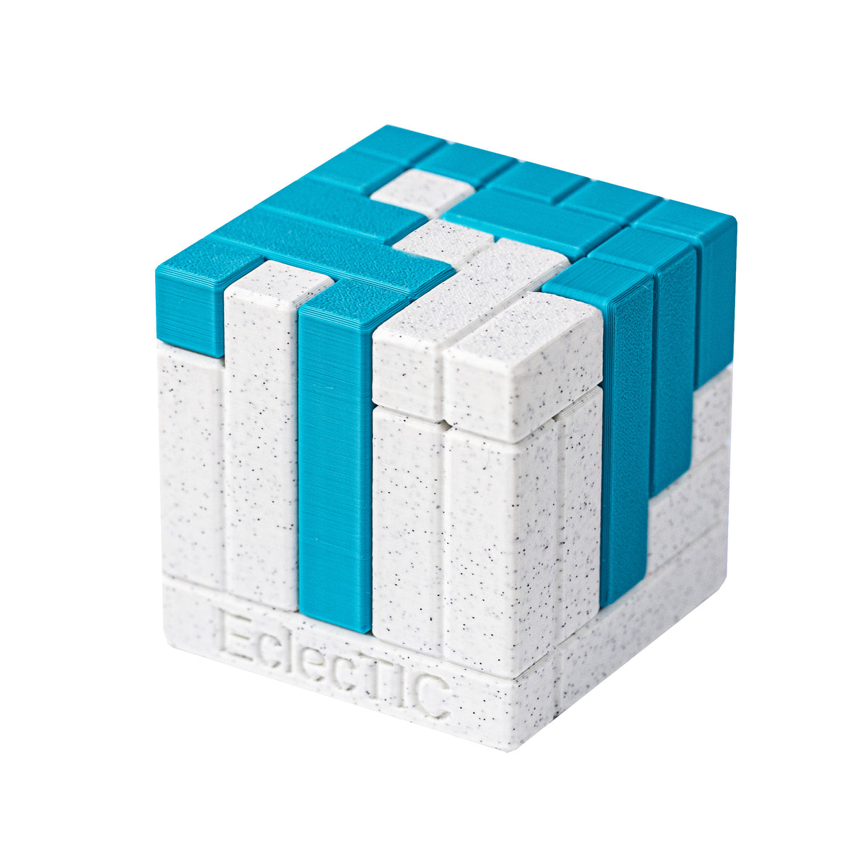 EclecTIC | Two-Piece Cube Puzzle — 3D-printed mechanical puzzle, main product view.