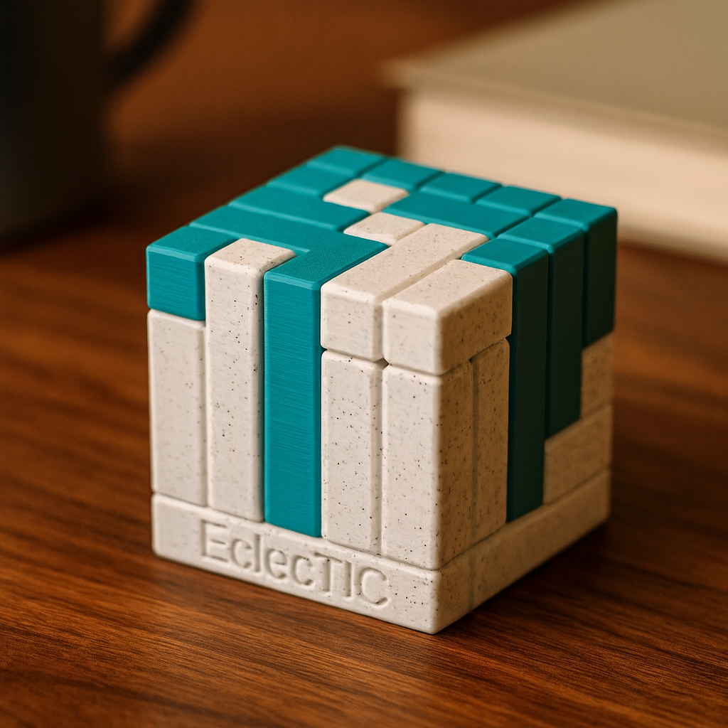EclecTIC mechanical puzzle on wooden desk