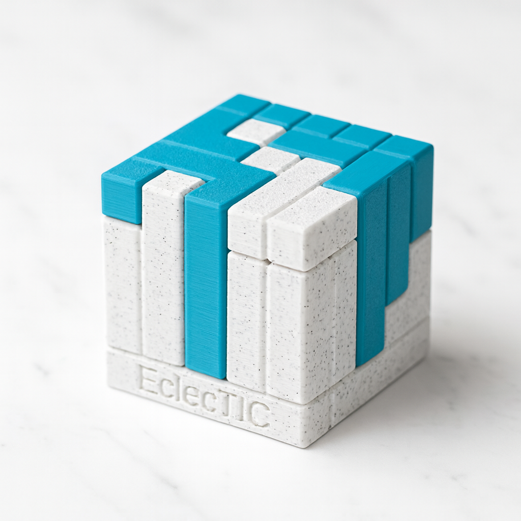 EclecTIC mechanical puzzle on white marble surface