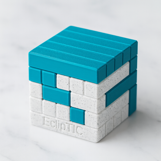 EclipTIC mechanical puzzle on white marble surface