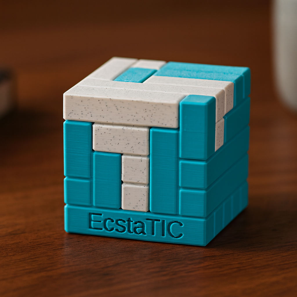 EcstaTIC mechanical puzzle on wooden desk