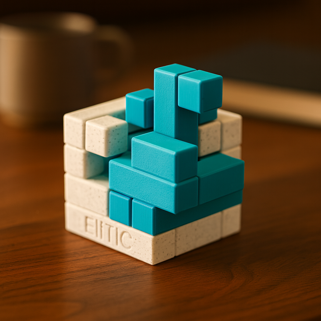 ElfTIC Puzzle mechanical puzzle on wooden desk