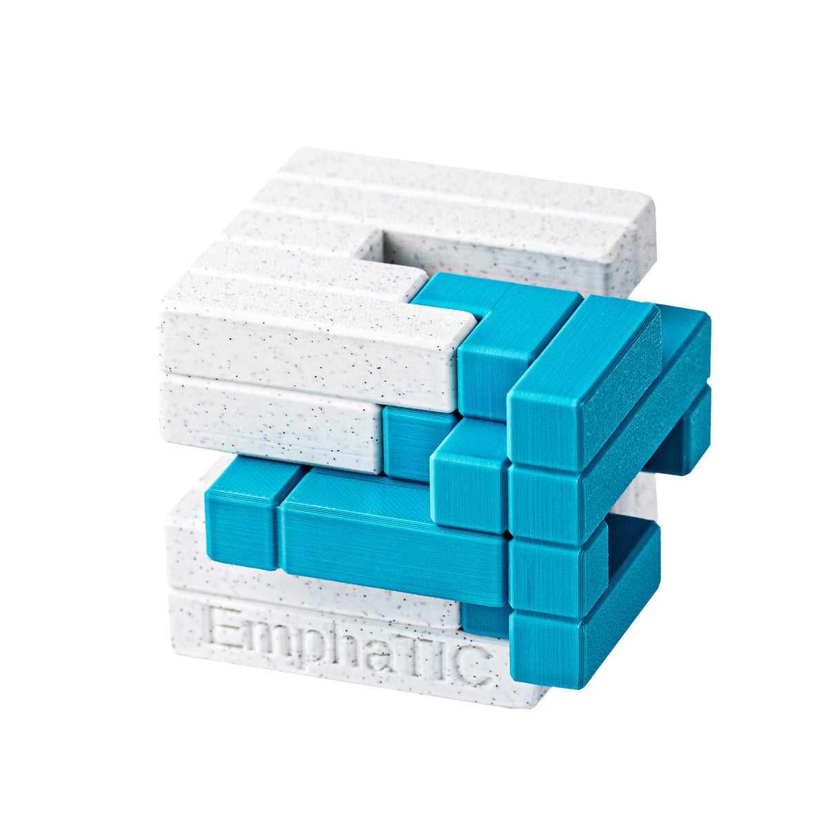 EmphaTIC | Two-Piece Cube Puzzle — 3D-printed pieces shown at an angle.