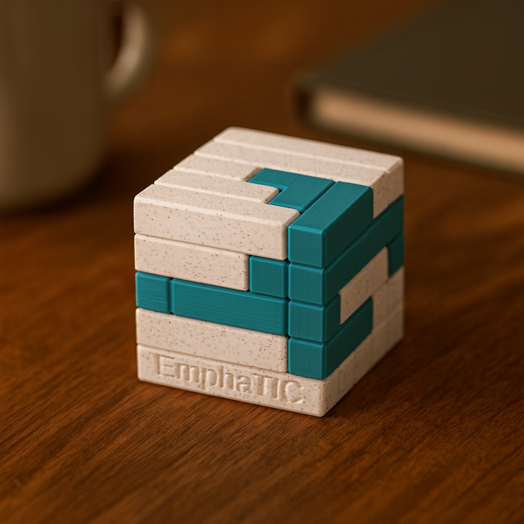 EmphaTIC mechanical puzzle on wooden desk