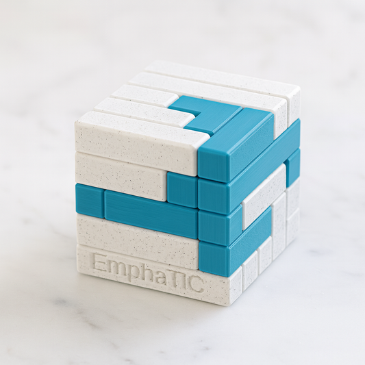 EmphaTIC mechanical puzzle on white marble surface
