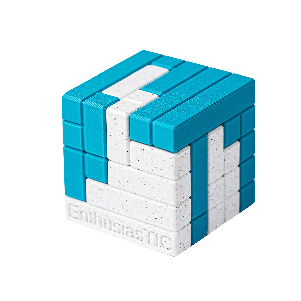 EnthusiasTIC | Two-Piece Cube Puzzle — 3D-printed mechanical puzzle, main product view.