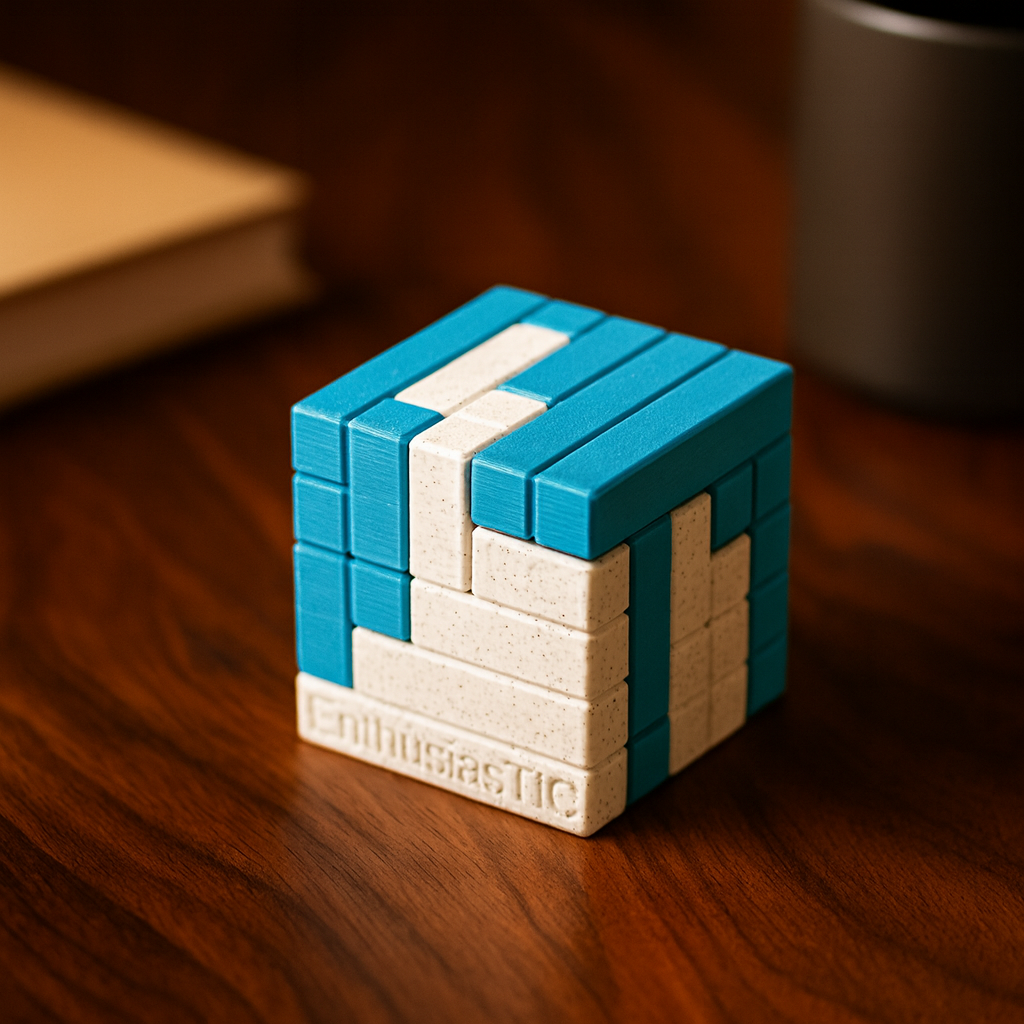 EnthusiasTIC mechanical puzzle on wooden desk