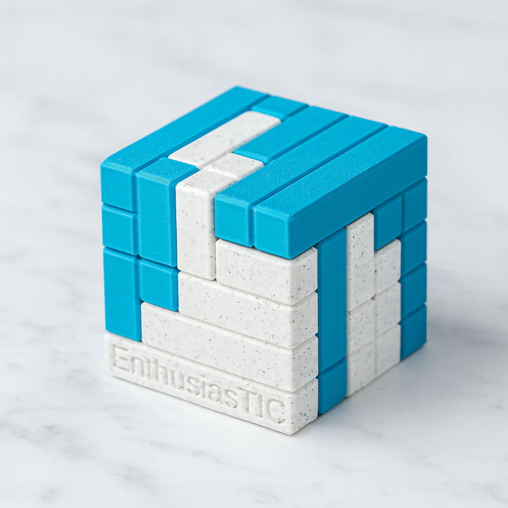 EnthusiasTIC mechanical puzzle on white marble surface