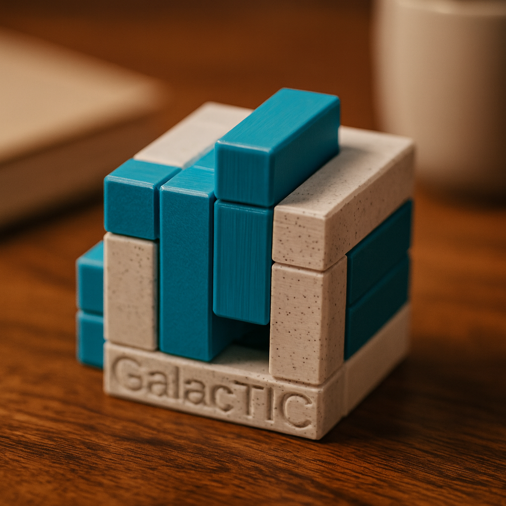 GalacTIC mechanical puzzle on wooden desk