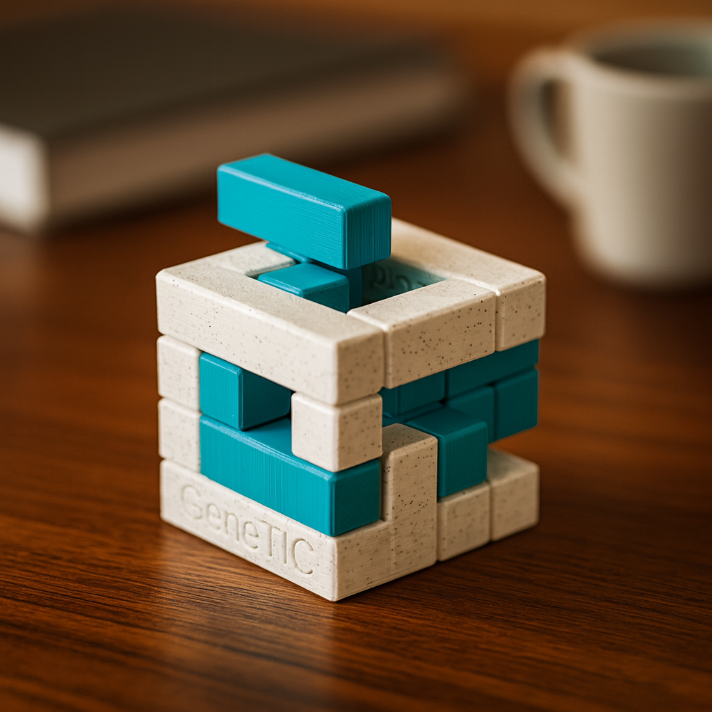 GeneTIC Puzzle mechanical puzzle on wooden desk
