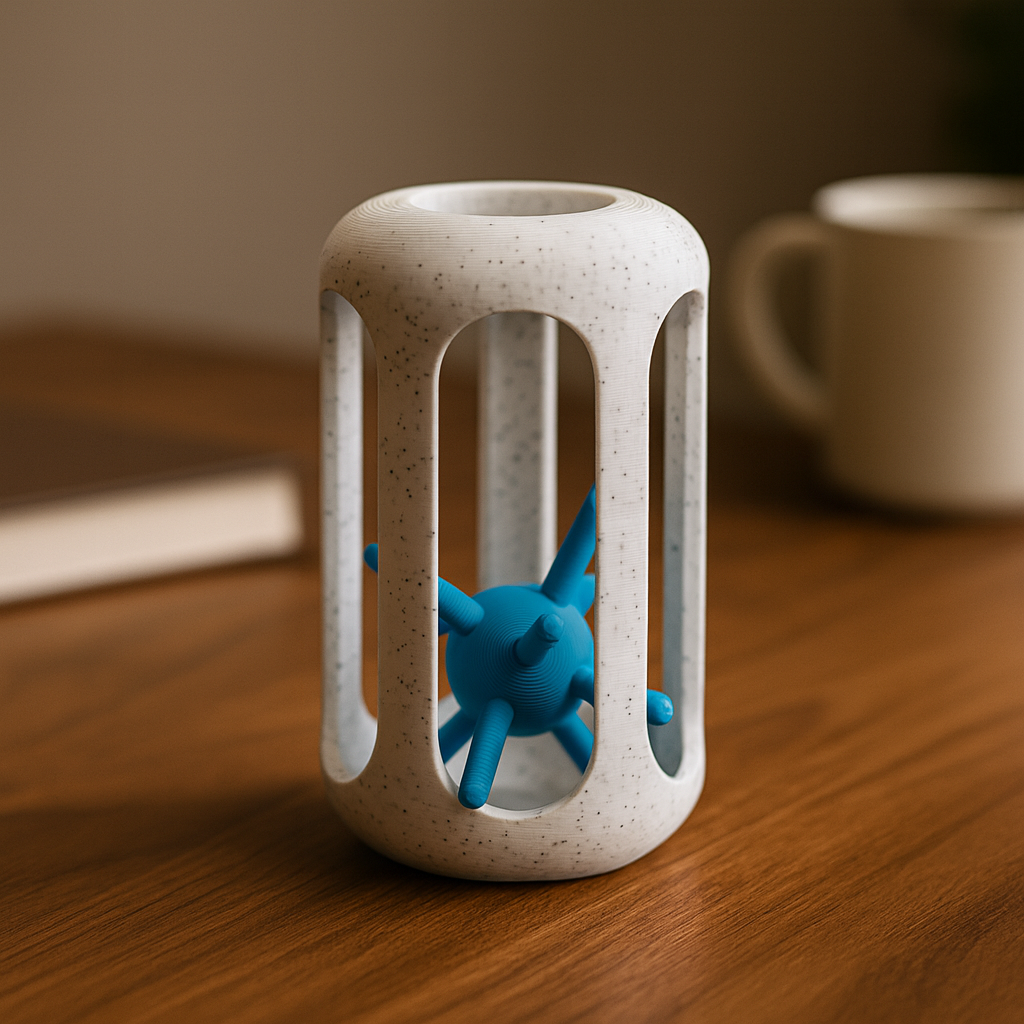 Hedgehog in a Cage mechanical puzzle on wooden desk