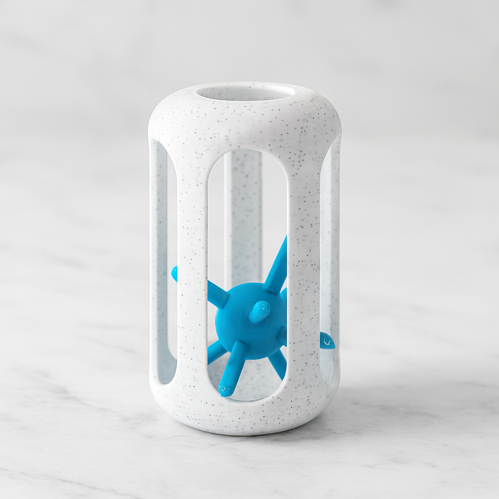 Hedgehog in a Cage mechanical puzzle on white marble surface