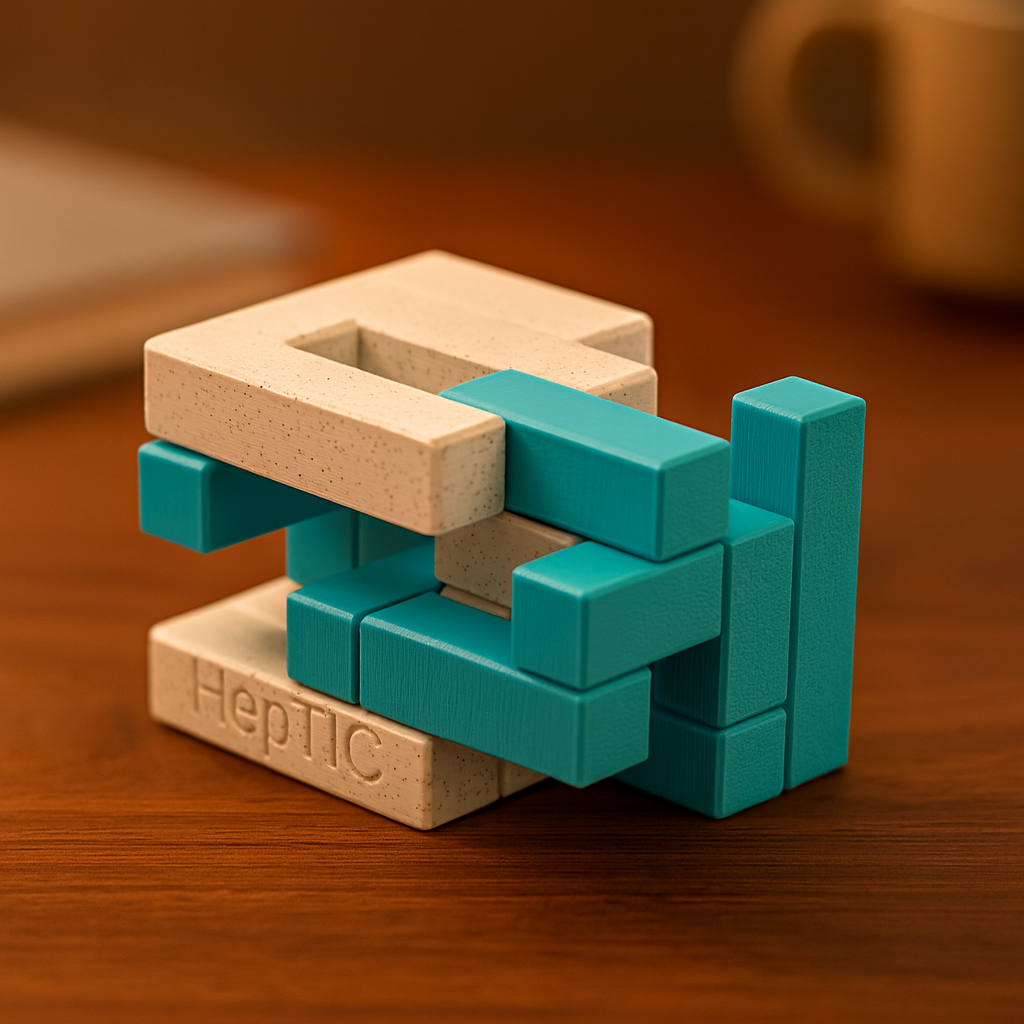 HepTIC Puzzle mechanical puzzle on wooden desk