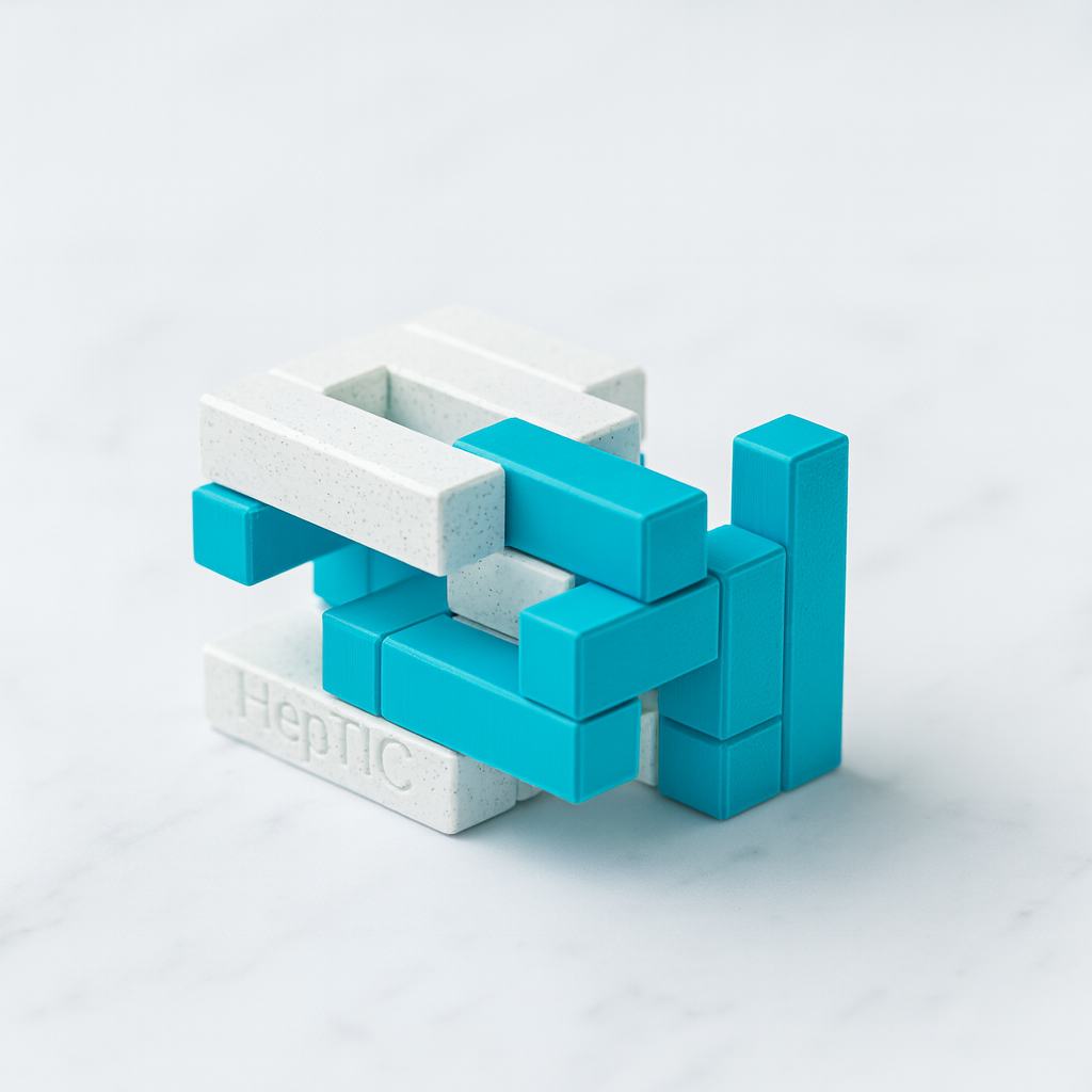 HepTIC Puzzle mechanical puzzle on white marble surface