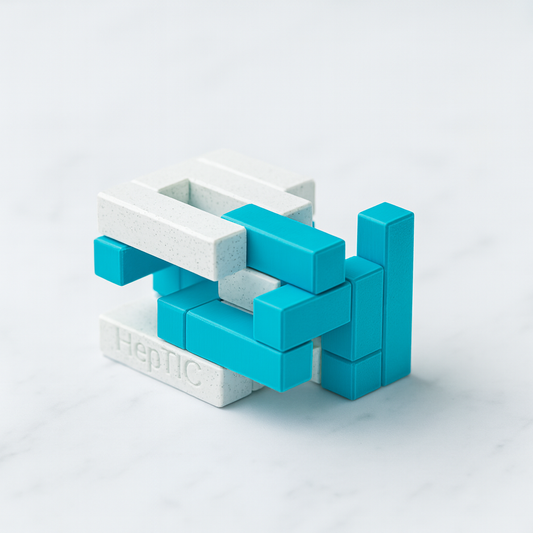 HepTIC Puzzle mechanical puzzle on white marble surface