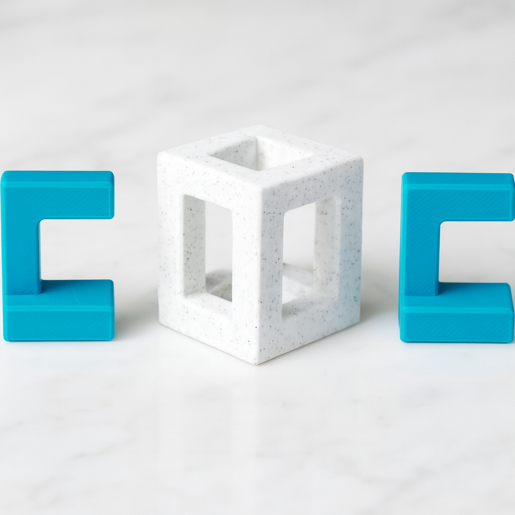 Identical Twins mechanical puzzle on white marble surface