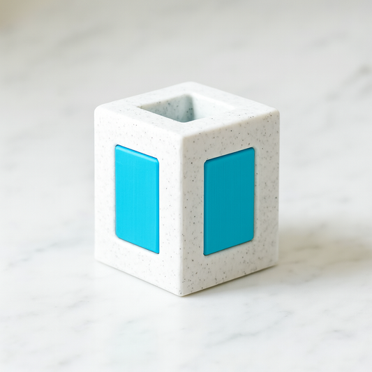 Identical Twins mechanical puzzle on white marble surface