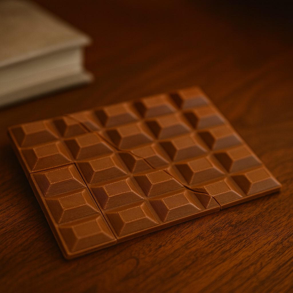 Infinity Chocolate ∞ mechanical puzzle on wooden desk