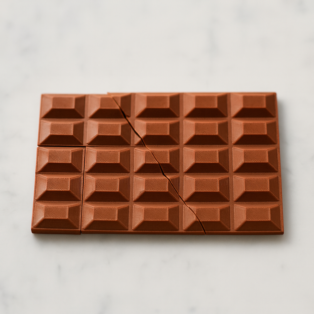 Infinity Chocolate ∞ mechanical puzzle on white marble surface