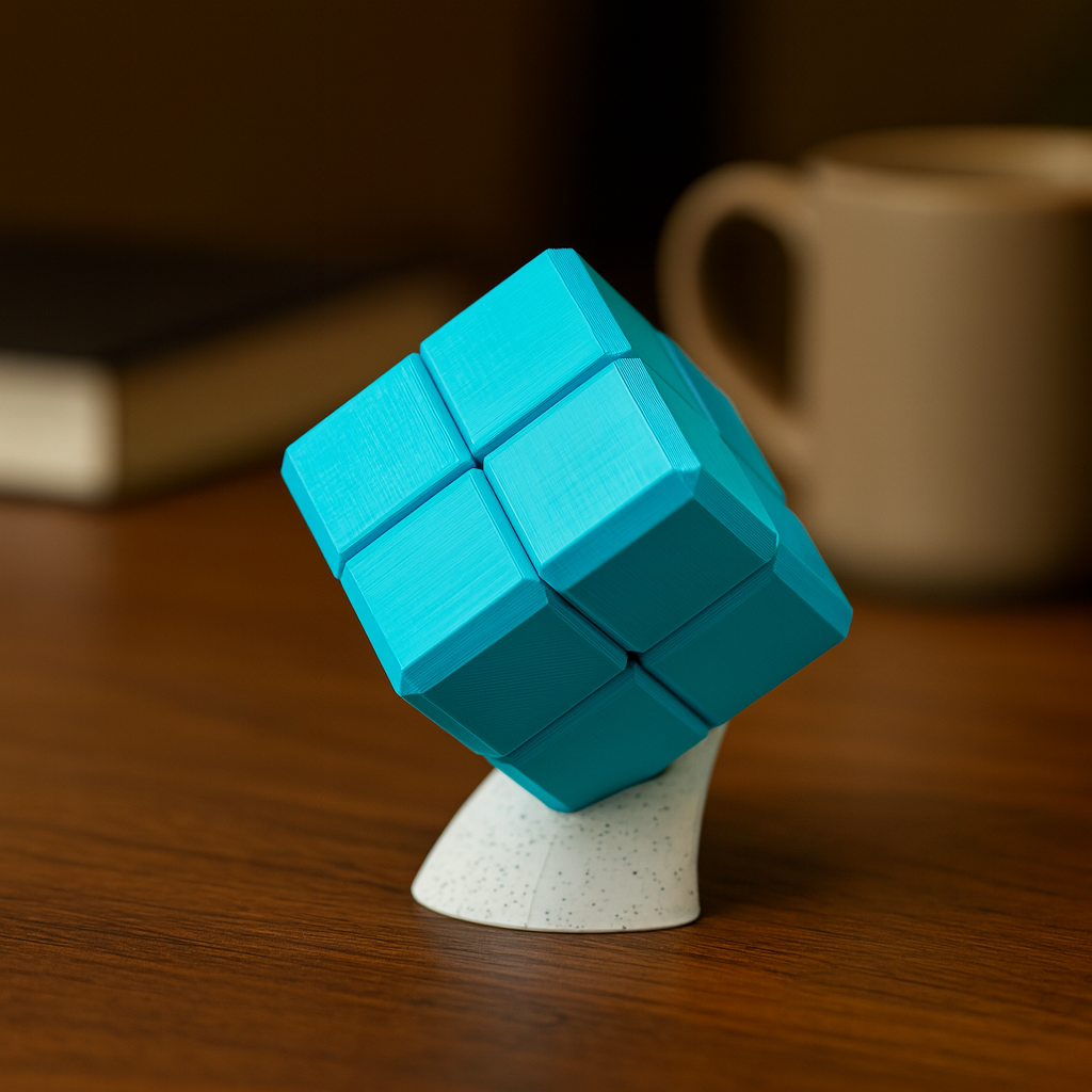 Key and Keyway Cube Puzzle mechanical puzzle on wooden desk