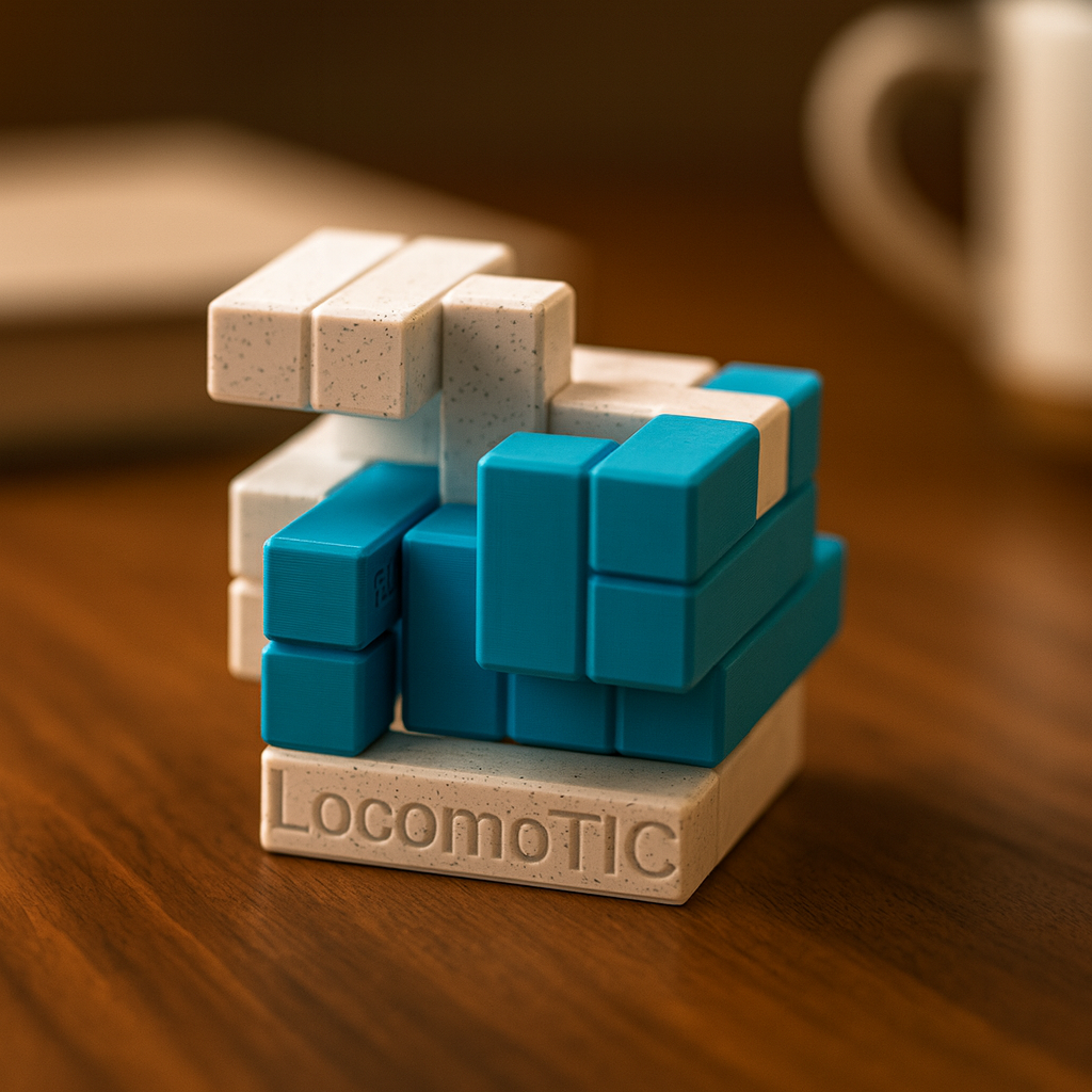 LocomoTIC mechanical puzzle on wooden desk