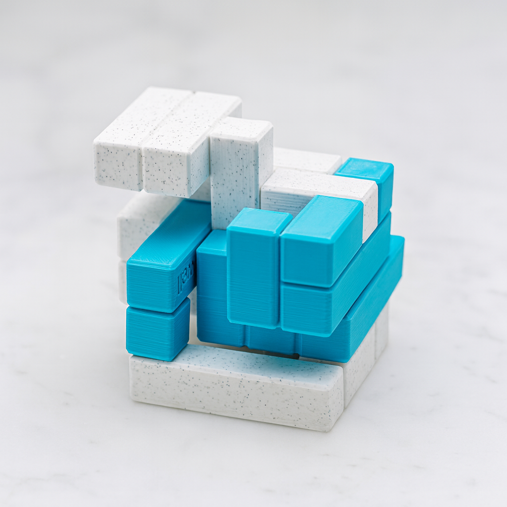 LocomoTIC mechanical puzzle on white marble surface