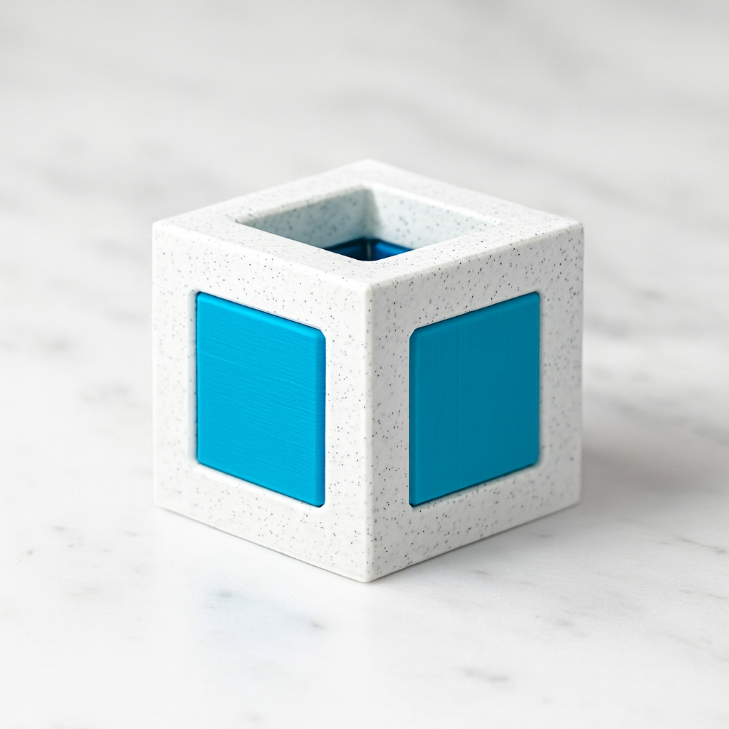 Lucida mechanical puzzle on white marble surface