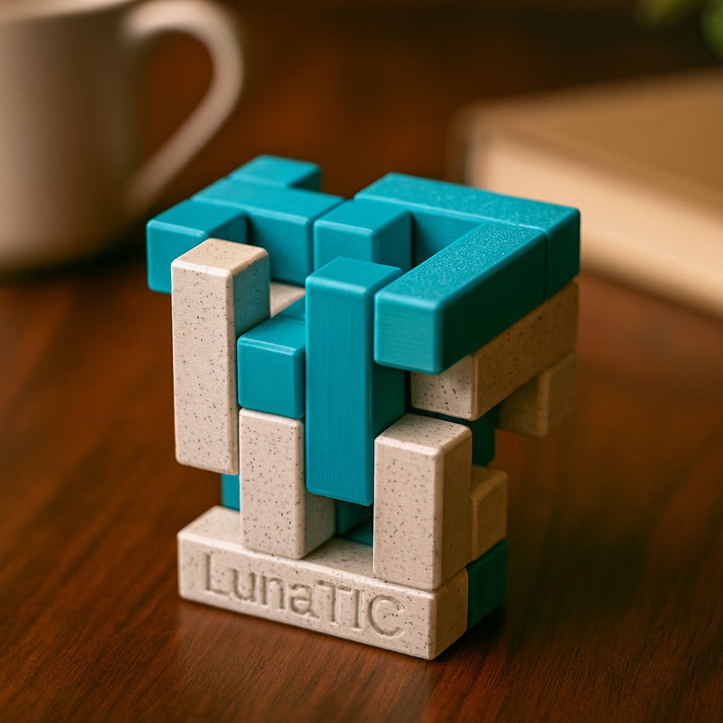 LunaTIC mechanical puzzle on wooden desk