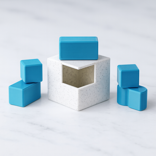 Microma mechanical puzzle on white marble surface