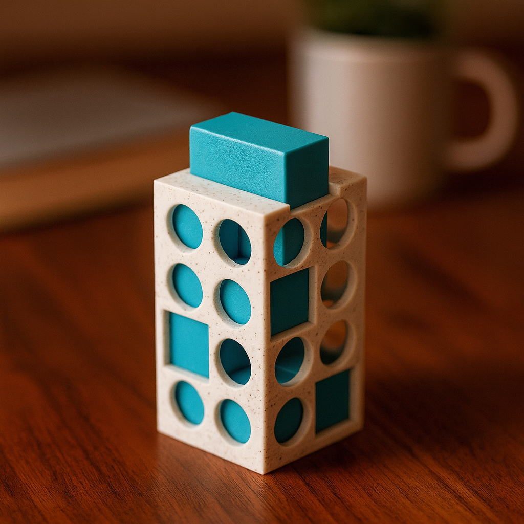 MINIMA Tower mechanical puzzle on wooden desk
