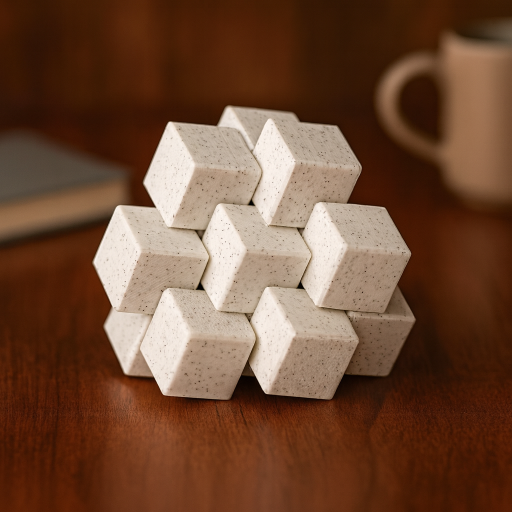 Multi-Grain Burr mechanical puzzle on a wooden desk