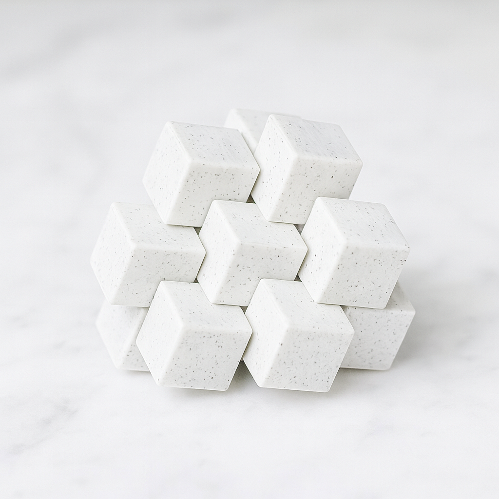 Multi-Grain Burr mechanical puzzle on white marble surface