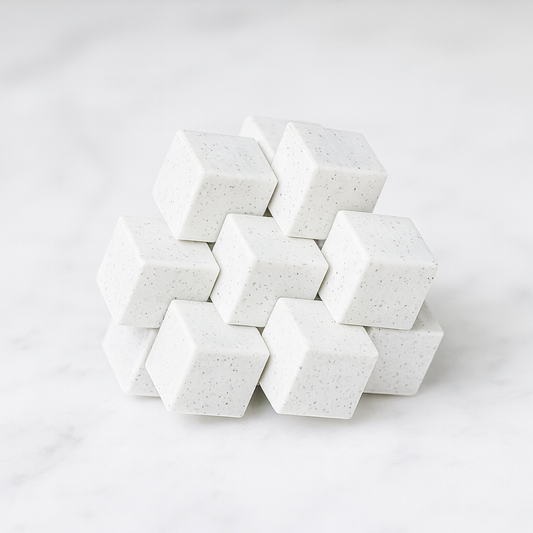 Multi-Grain Burr mechanical puzzle on white marble surface