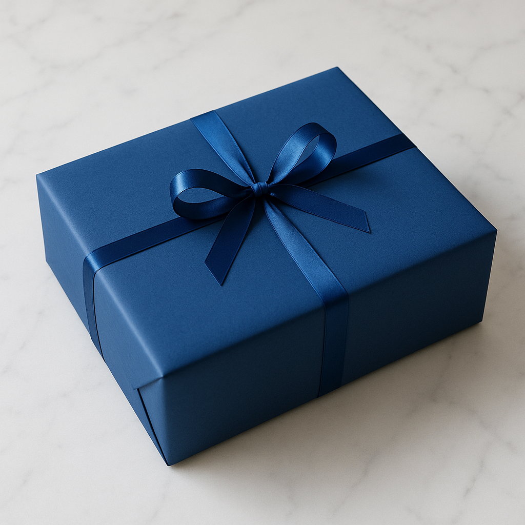 Mystery Puzzle Box - Blue wrapped gift box on white marble surface
