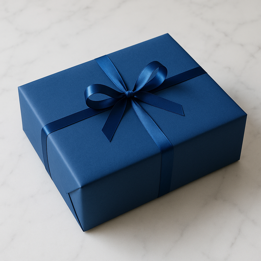 Mystery Puzzle Box - Blue wrapped gift box on white marble surface