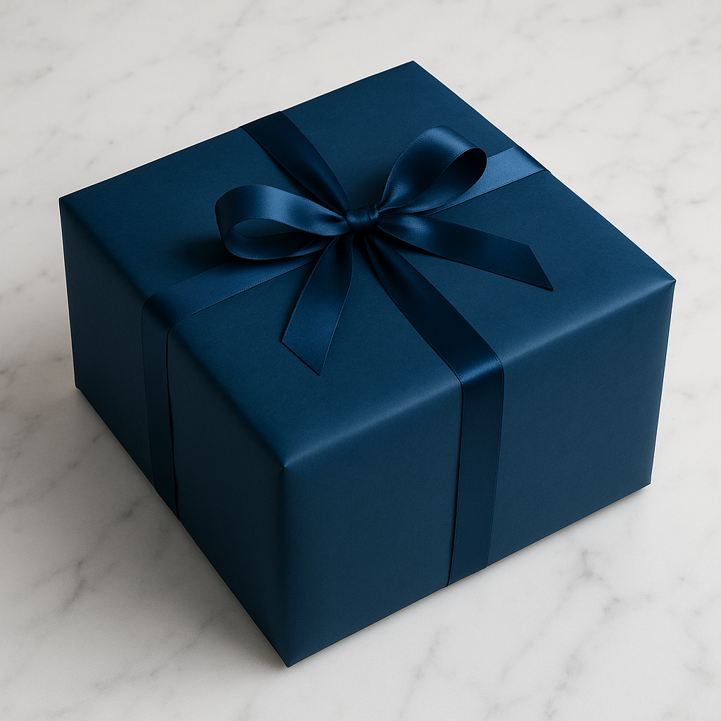 Mystery Puzzle Box - Sapphire wrapped gift box on white marble surface