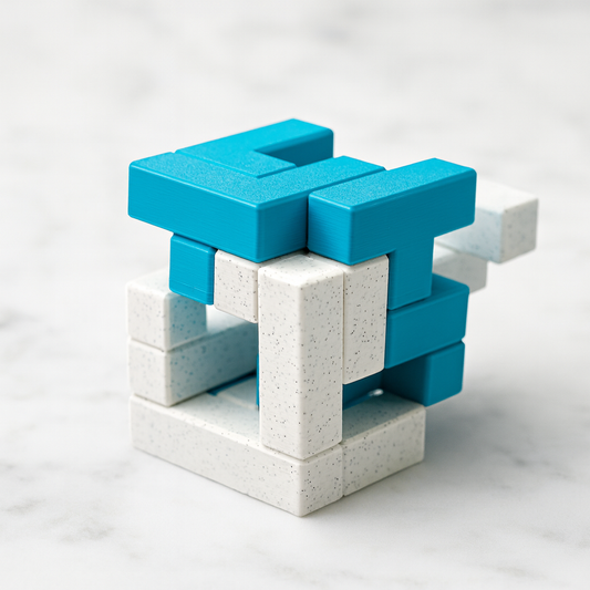 MysTIC Puzzle mechanical puzzle on white marble surface