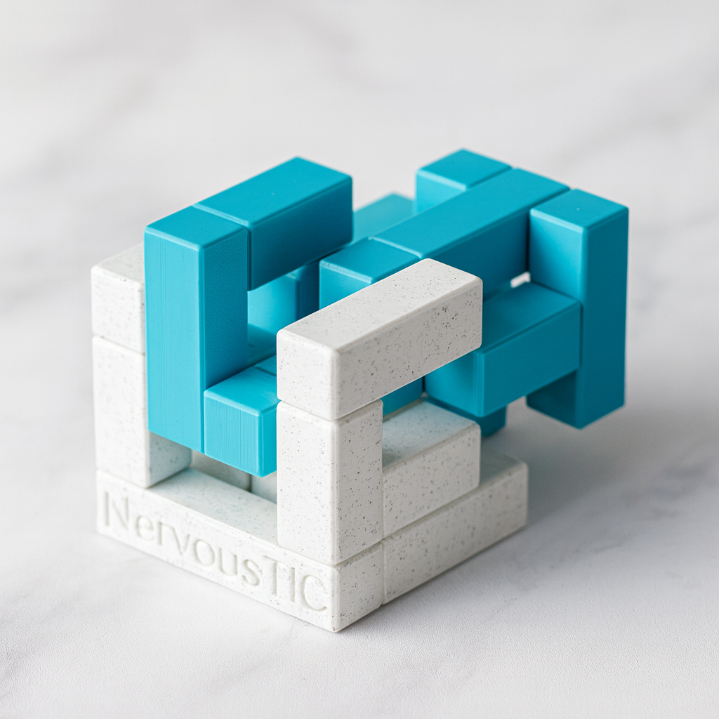 NervousTIC mechanical puzzle on white marble surface