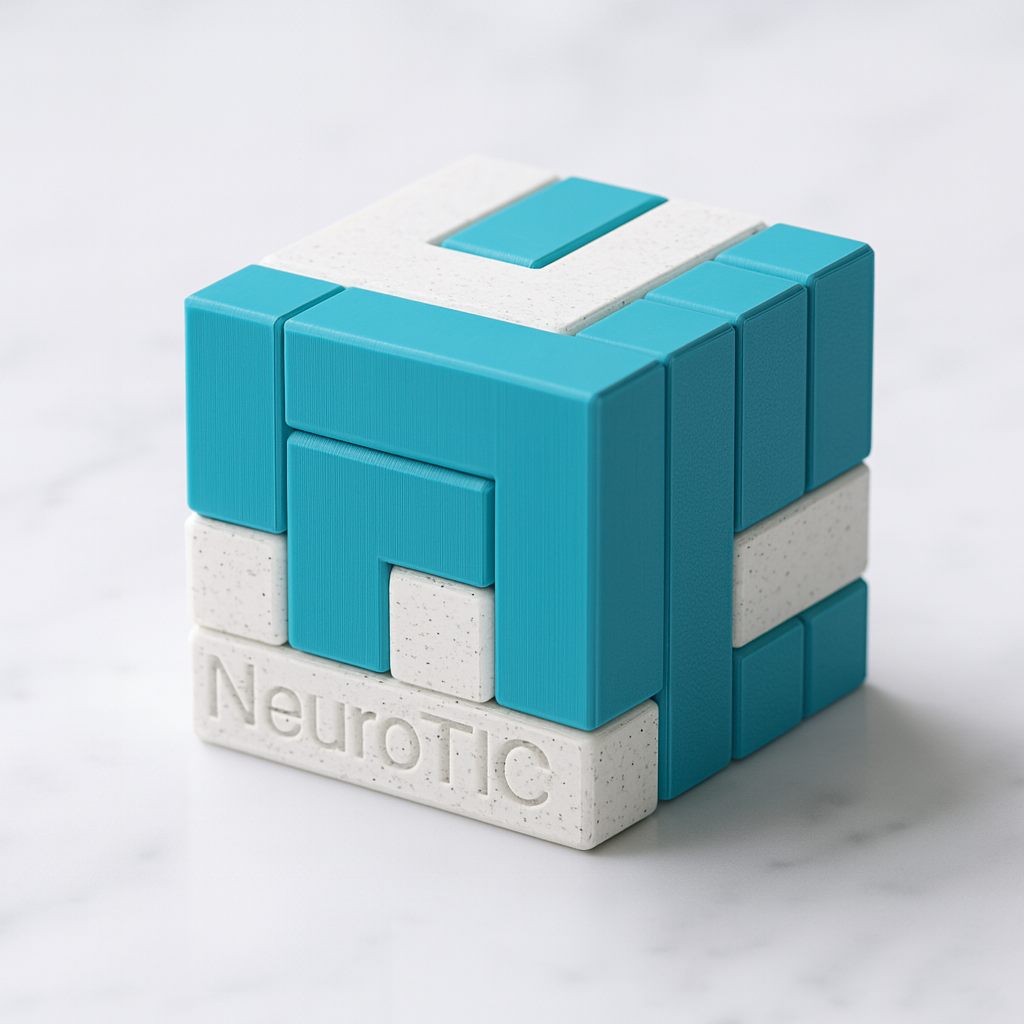 NeuroTIC Puzzle mechanical puzzle on white marble surface