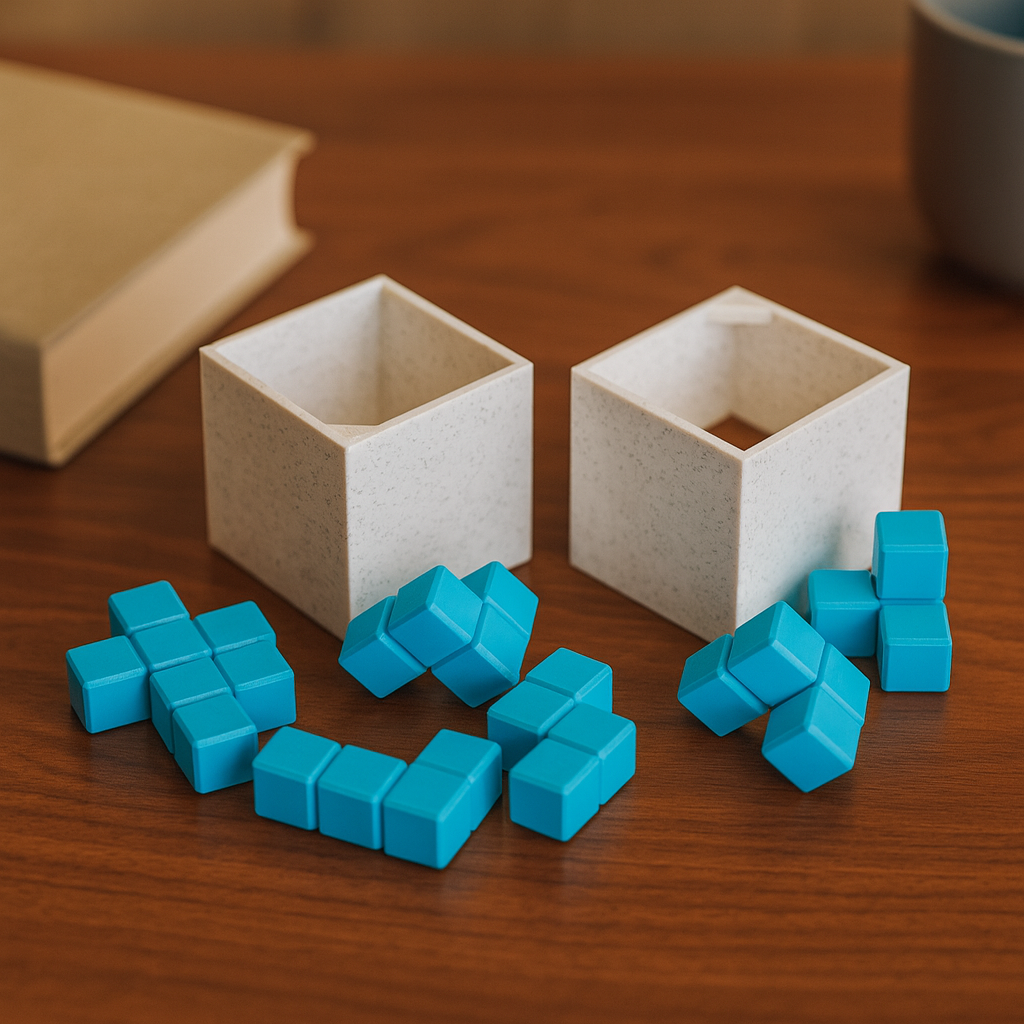 Ochinai Soma mechanical puzzle on wooden desk