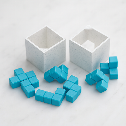 Ochinai Soma mechanical puzzle on white marble surface