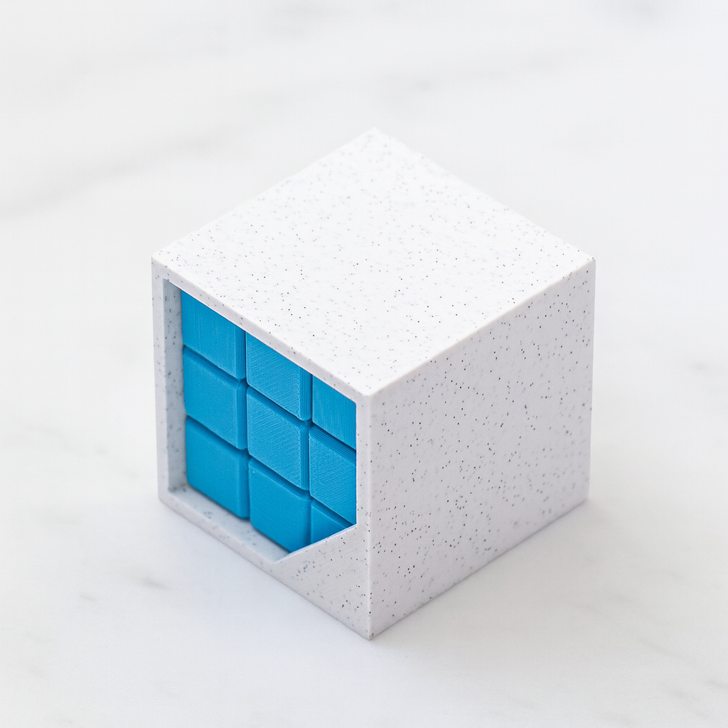 Ochinai Tromino mechanical puzzle on white marble surface