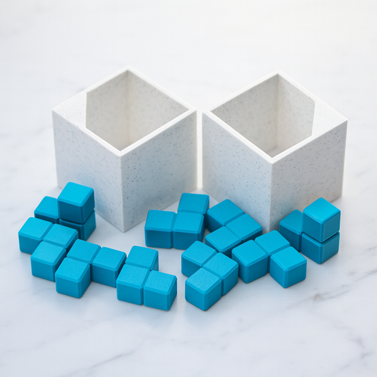 Ochinai Tromino mechanical puzzle on white marble surface