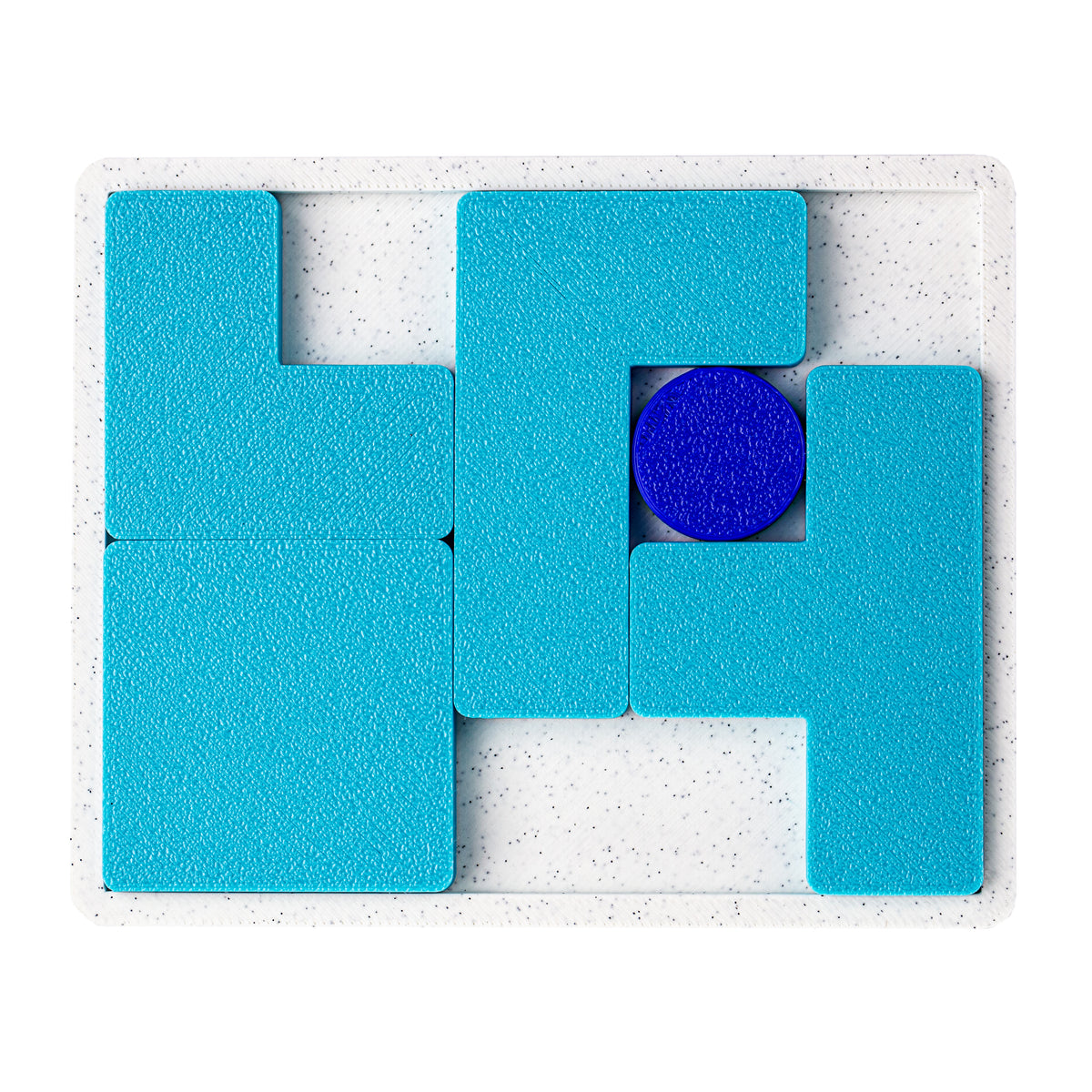One Way or Another tray puzzle by Alexander Magyarics, five turquoise pieces packed around a blue disc