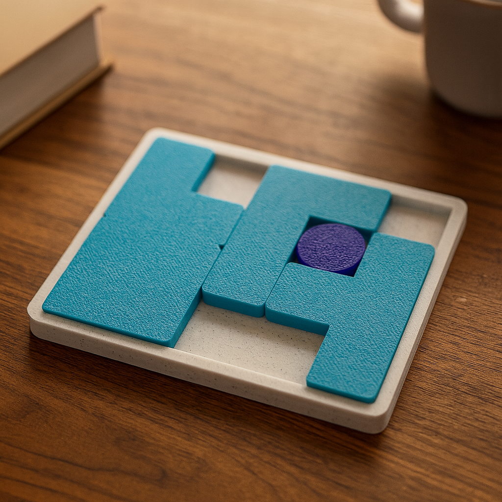 One Way or Another mechanical puzzle on wooden desk