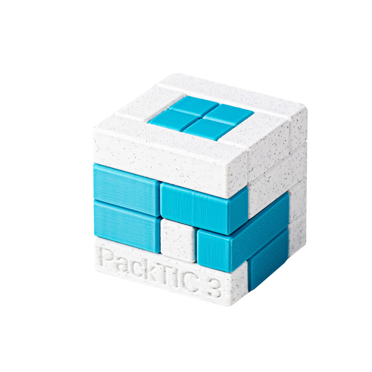 PackTIC 3 | Pack 3 Pieces into a Cube — 3D-printed pieces shown at an angle.