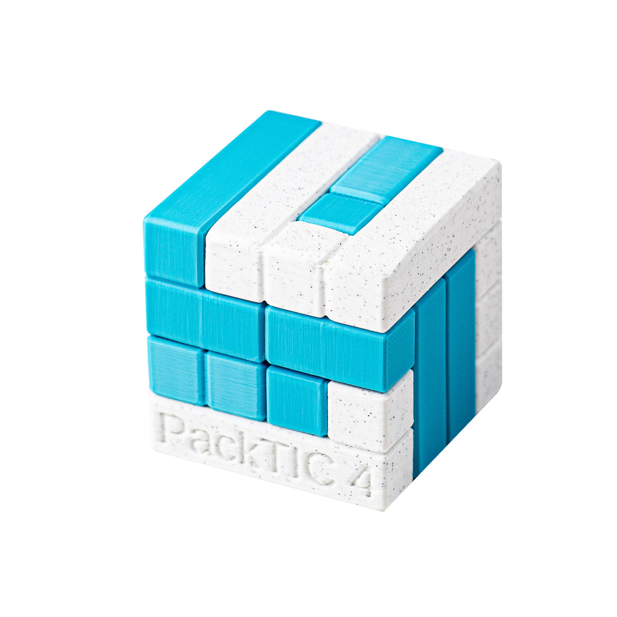 PackTIC 4 | Turning Interlocking Cube Packing Puzzle — 3D-printed pieces shown at an angle.